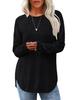 Women Ribbed Knit Long Sleeve Top Crew Neck Curved Hem Casual Fall Blouse