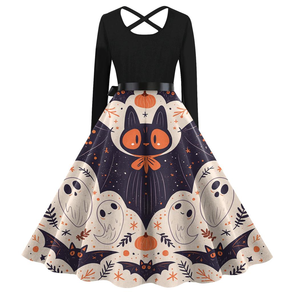 Women's Casual Print O-neck Pullover High Waist Long Sleeve Dress