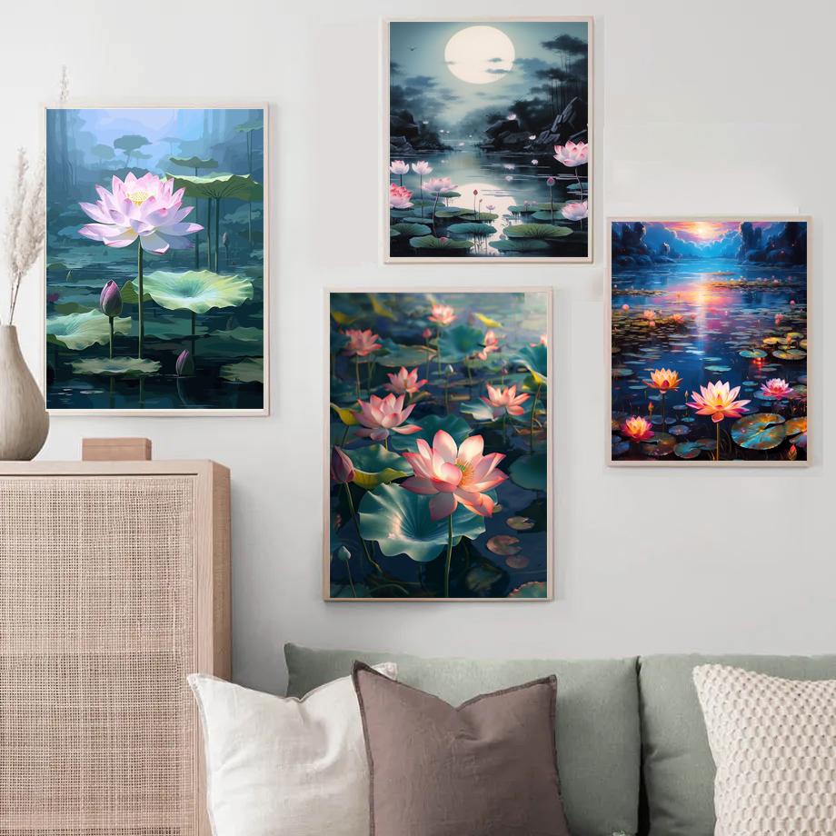 Vintage Scenery Flowers Summer Lotus Lotus Lotus Leaf Moonlight Poster Canvas Painting Wall Art Pictures Home Decor