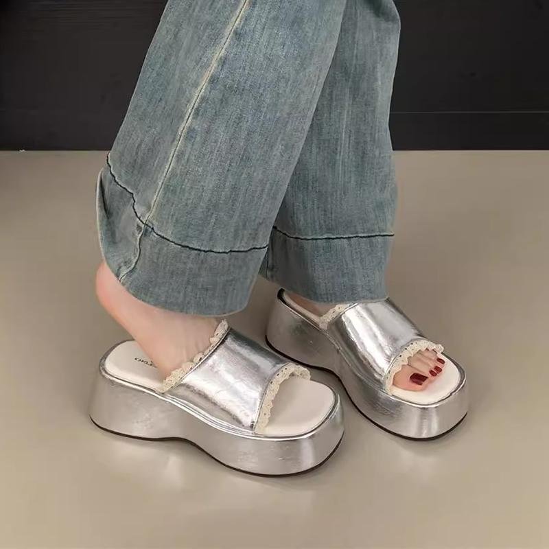 French Thick Heel Women's Open-Toe Summer Outdoor Lace Trim Sweet Slippers Rubber Sole Microfiber Material Ladies Slippers