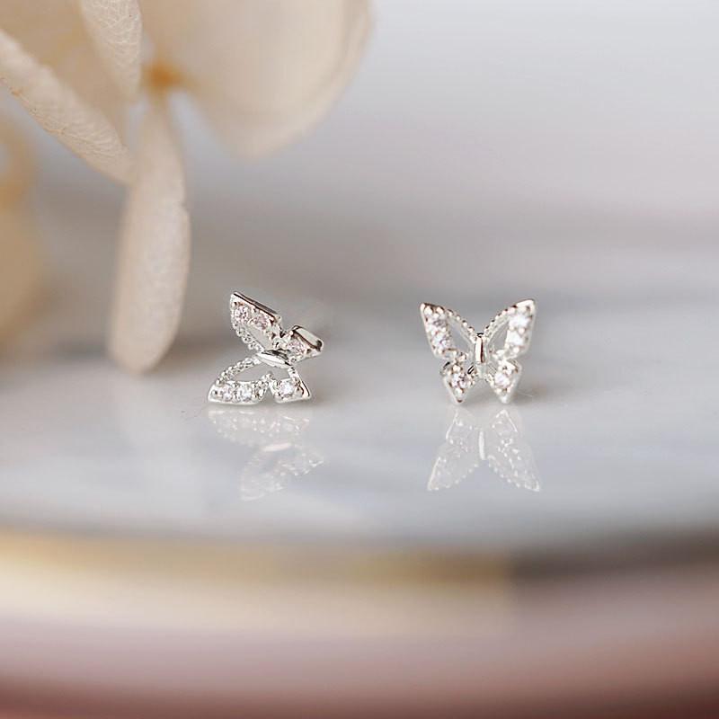 925 Silver Korean Inlaid Crystal Butterfly Stud Earrings Women Classic Daily Jewelry Exquisite Quality