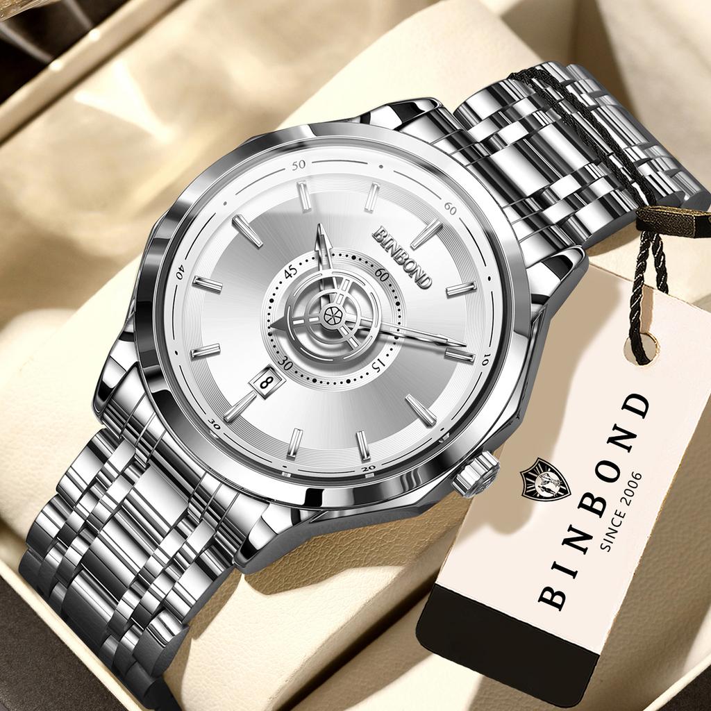 BINBOND Orginal Men's Waterproof Luminous Quartz Watch For Men Luxury Auto Date Sturdy Wristwatch Casual Reloj