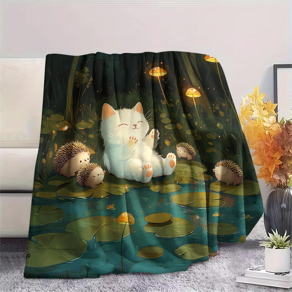 Weiße Katzen-Print Flanelldecke, Hohe Qualität, Bequem für alle Jahreszeiten, Heimdekoration, Wärme und Komfort, Perfekt für Weihnachtsgeschenke