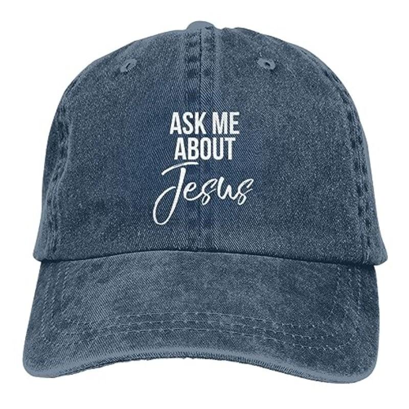 

Ask Me About Jesus Christian Baseball Cap Cotton Washed Distressed Hat Casual Unisex Adult Can Be Adjusted сірий
