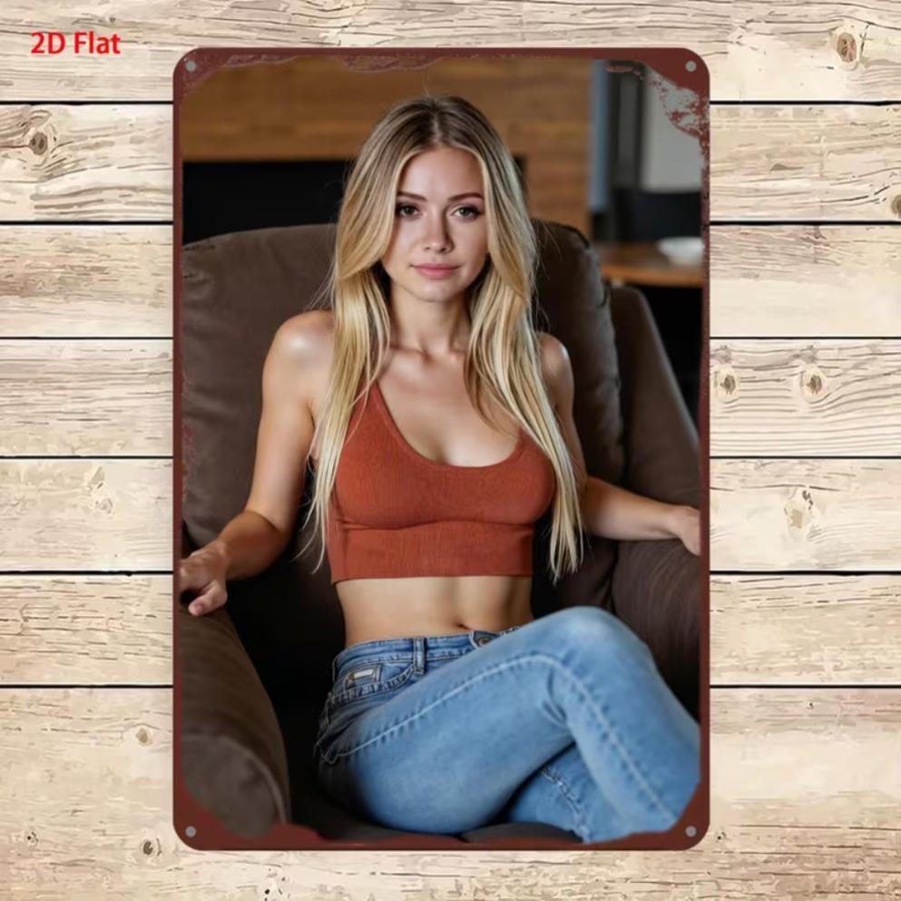Vertical Metal Tin Sign Blonde Woman Yellow Crop Top Denim Shorts Wildflower Scenery Wall Hanging Decor