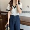 Women Korean Style V Neck Cropped Short Sleeve Loose Solid Casual T Shirt Top