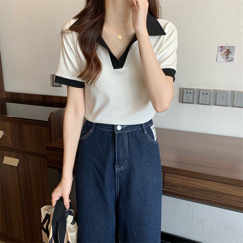 Women Korean Style V Neck Cropped Short Sleeve Loose Solid Casual T Shirt Top