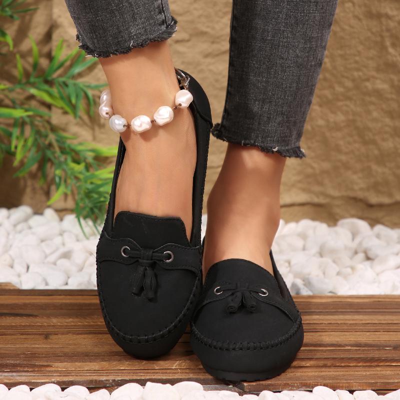 Женские балетки в винтажном стиле мягкие удобные с круглым носком слипоны-лоферы с пшеничным бантиком легкие для повседневной носки в любое время года 36 чёрный 1649₽