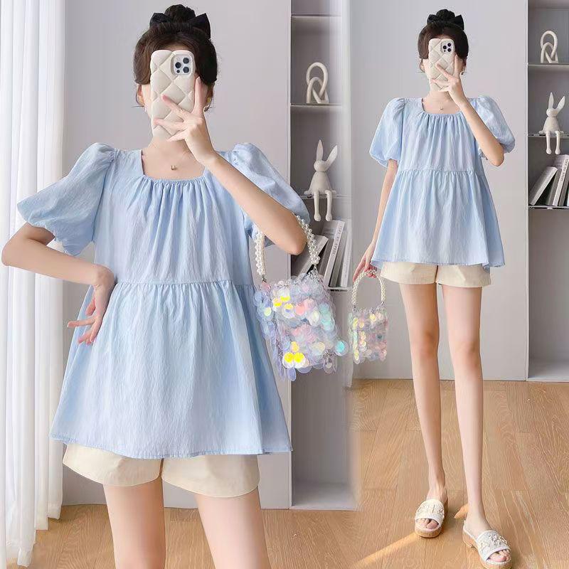 2025 Korean Style Square Neck Maternity Puff Sleeve Babydoll Top