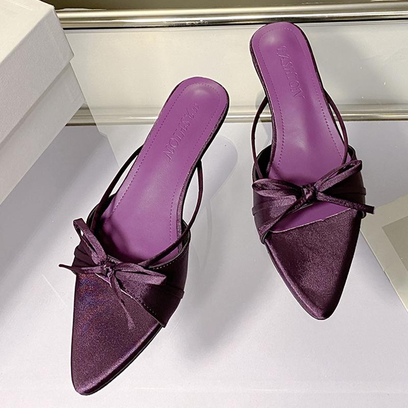 Fashion Women Slippers Fashion Bow Pointed Toe Shoes Elegant Dress Woman Heeled Sandals 2025 Sexy New Slides Luxury Sandalias De Mujer