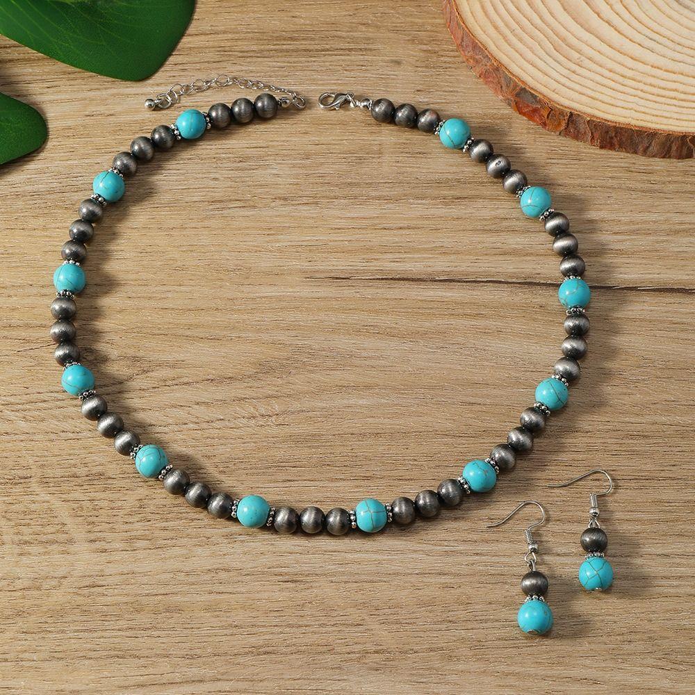 2PCS Turquoise Navajo Necklaces Bead Bohemian Style Earrings Classic Beach Chokers  Gift