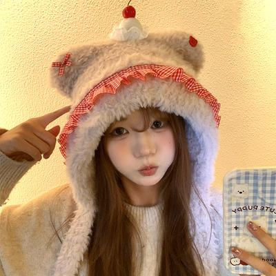 Cute Cherry Bear Plush Hat Women's Winter Thickened Warm Baotou Ear Protector Hairy Riding Lei Feng Hat