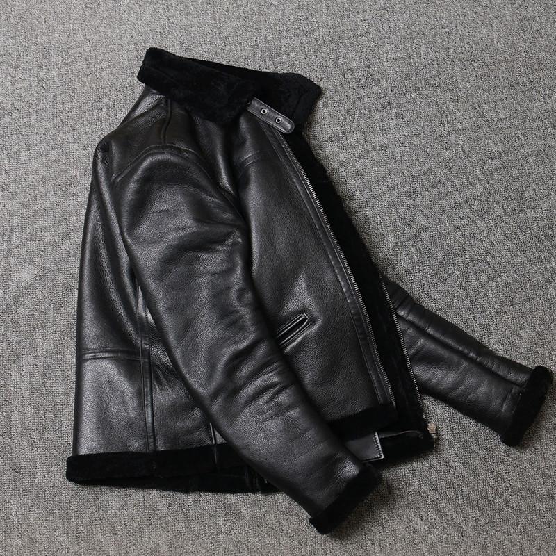 Fur One Lamb Fur Men's Leather Coat Vintage Sheep Wool Classic B3 Winter Coat Warm Lapel