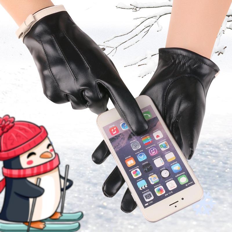 New autumn and winter women's leather gloves warm and velvet to keep out the cold outdoor fashion bow cold touch screen leather gloves