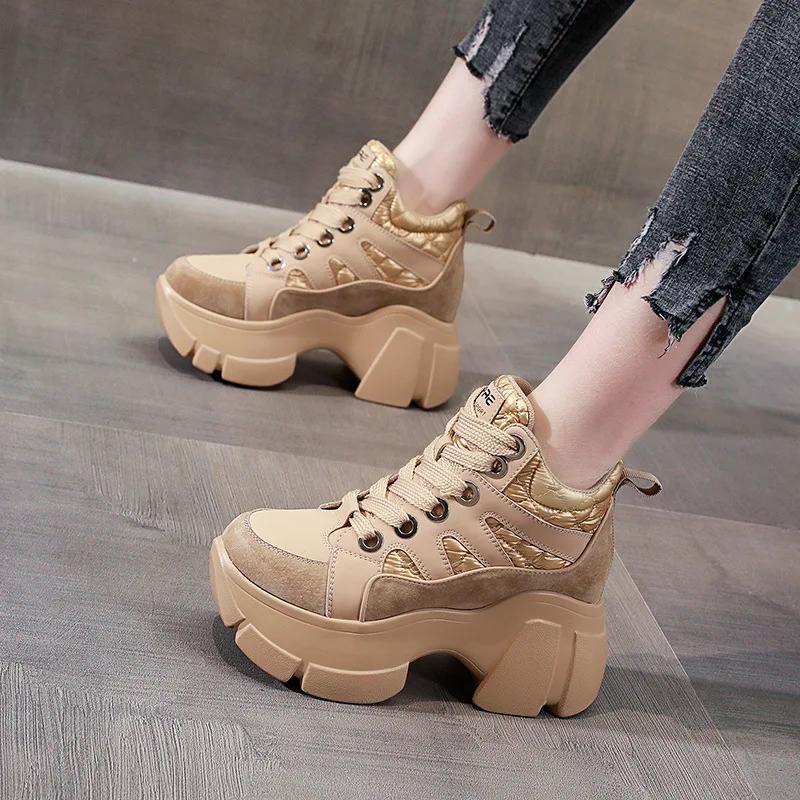 Fashion 8cm Genuine Lesther Pig Suede Down Cloth Ankle Boots Platform Wedge Women Casual Autumn Winter Hidden Heel Sneakers Shoes