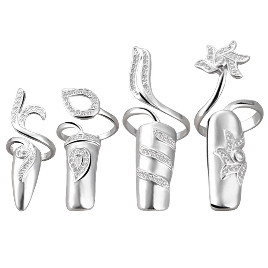 4pcs Adjustable Knuckles Rings for Women Fashionable Personality Nail Ring Crystal Flower Finger Joint Rings Accessory