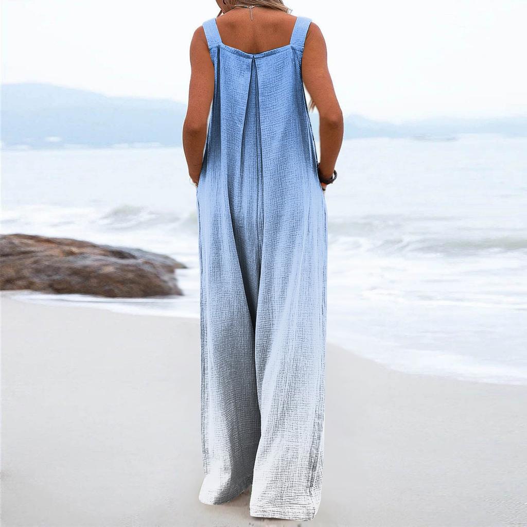 Wide Leg Overalls For Women Casual Loose Sleeveless Jumpsuits Retro Print Button Long Pant Romper Jumpsuit With Pockets