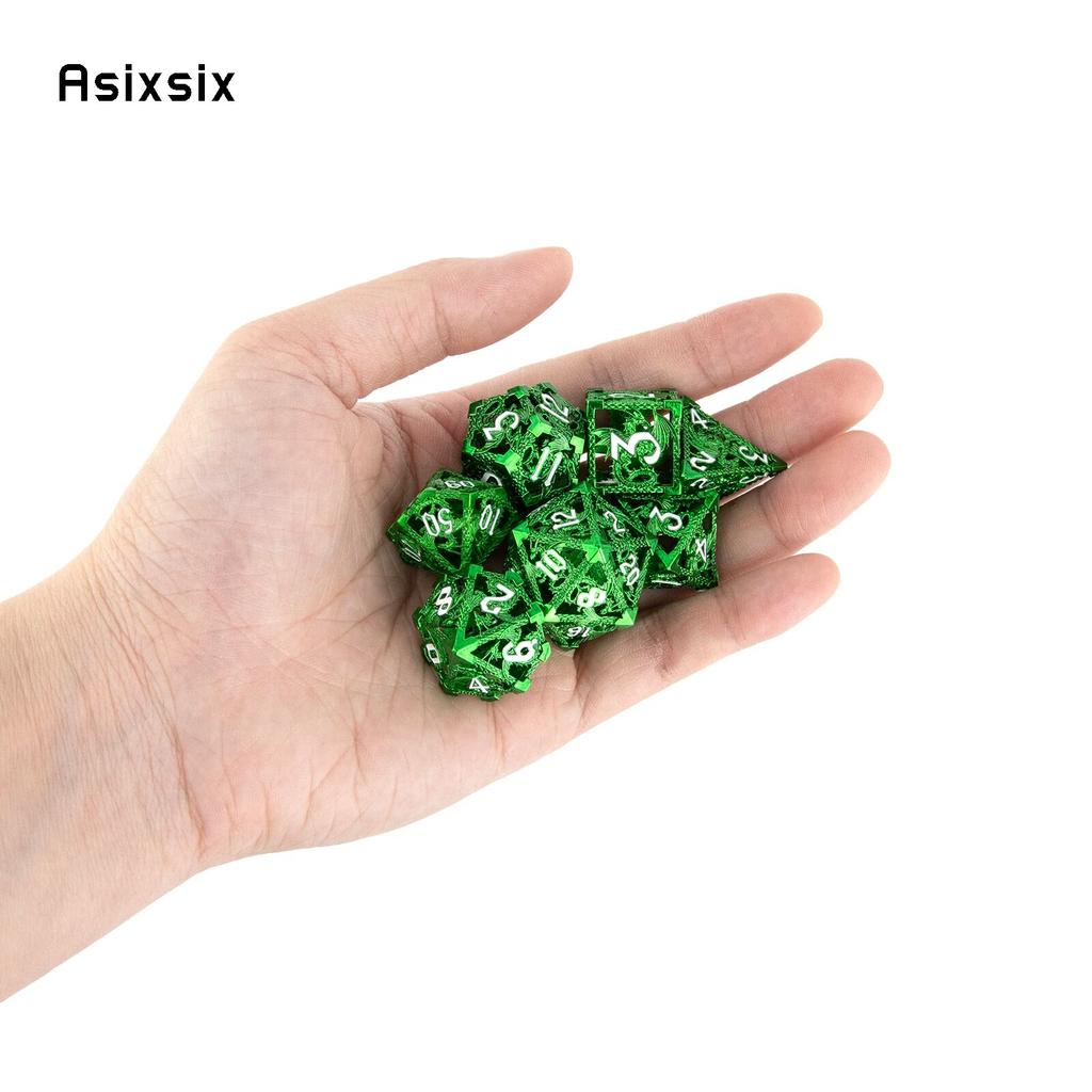 7 Pcs Green Flying Dragon Metal Dice Hollow Metal Polyhedral Dice Set Suitable for Role-Playing RPG  Board Game Card Game