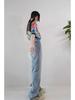 Women's High Waist Ripped Straight-Leg Jeans - Light Blue, Spring/Autumn 2024, Floor-Length, Slimming Fit