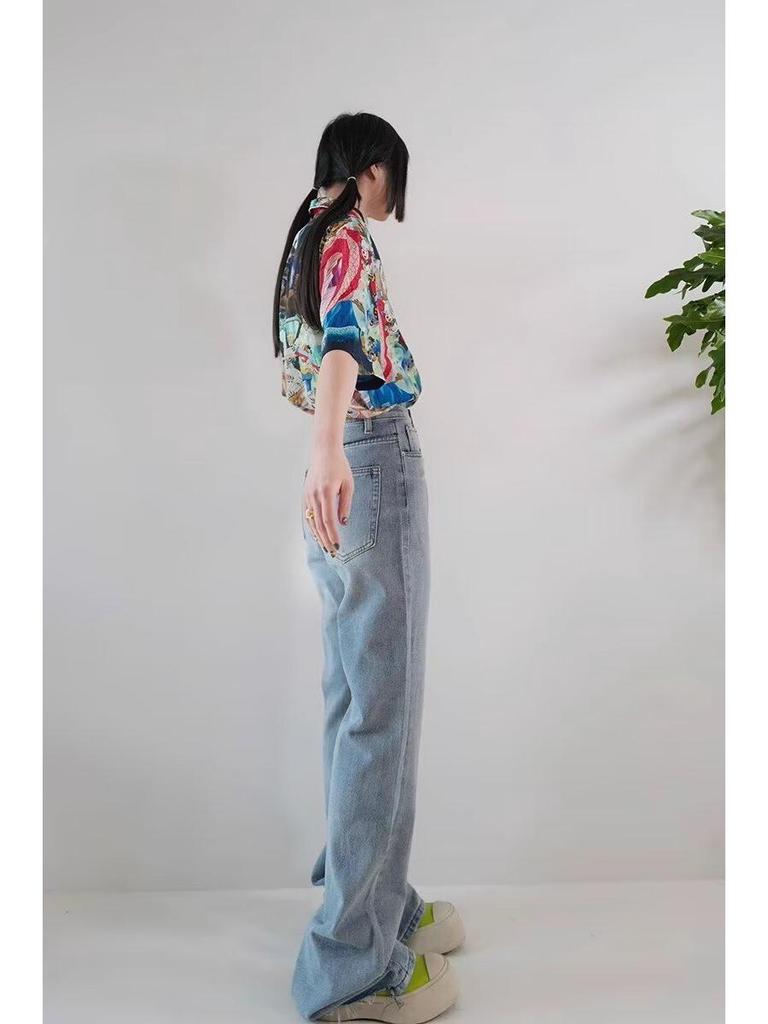 Women's High Waist Ripped Straight-Leg Jeans - Light Blue, Spring/Autumn 2024, Floor-Length, Slimming Fit