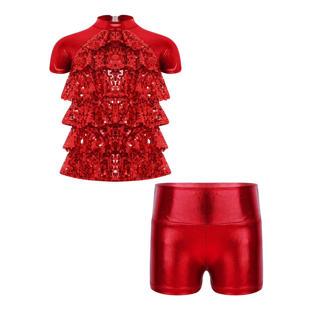 Girls Jazz Dance Costume Mock Neck Short Sleeve Tiered Ruffle Cutout Top Metallic High Waist Shorts Set