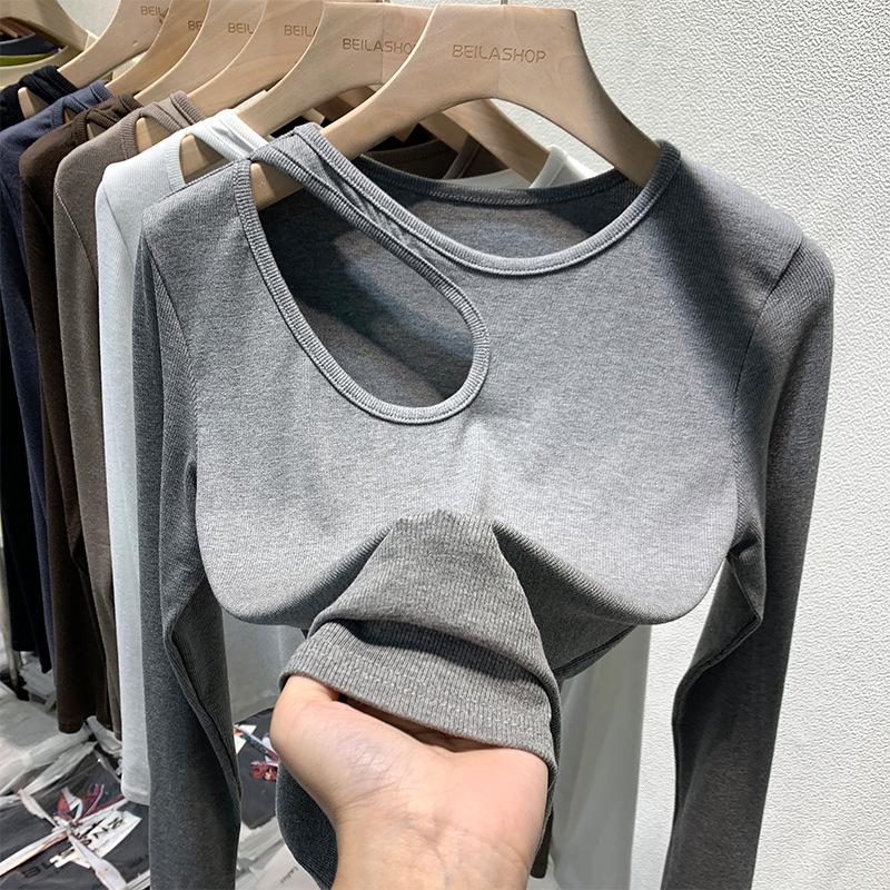 

Ранняя осень женская футболка с длинными рукавами;нижняя рубашка с тщательно продуманным машинным дизайном и облегающим коротким полым верхом XL серый