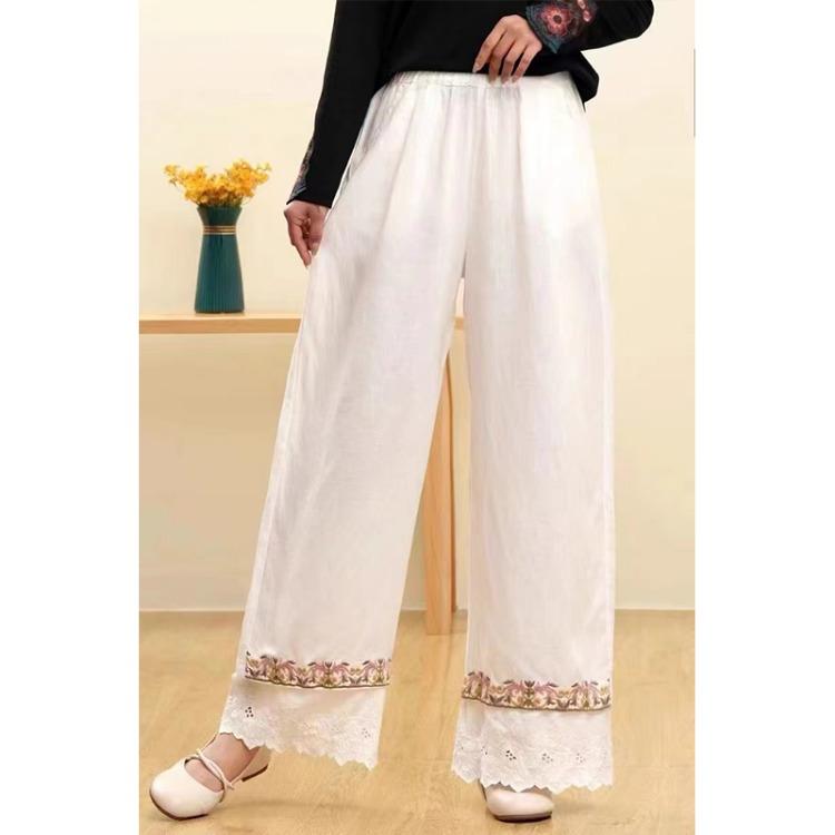 Damen Retro Bestickte Lässige Weitbein Hose Sommer Baumwoll- und Leinenhose Locker Gerade Bein Hose