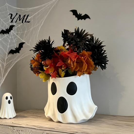 Cute Resin Ghost Storage Container Candy Bucket Decor, Halloween Planter Vase Decorative Figurine Bucket, Bowl for Indoor Outdoor Home Display
