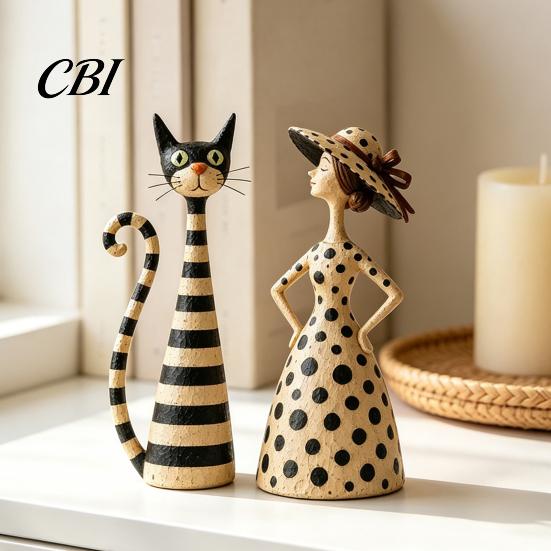 Unique Gifts for Cat Lovers 2Pcs Vintage Lady And Sculptures Set, Resin Striped Figurine, Retro Elegant Desktop Decorations Statue with Polka
