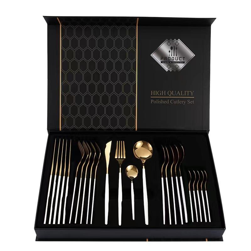 24pcs Gold Dinnerware Set Stainless Steel Tableware Set Knife Fork Spoon Luxury Cutlery Set Kitchen Flatware Dishwasher Safe