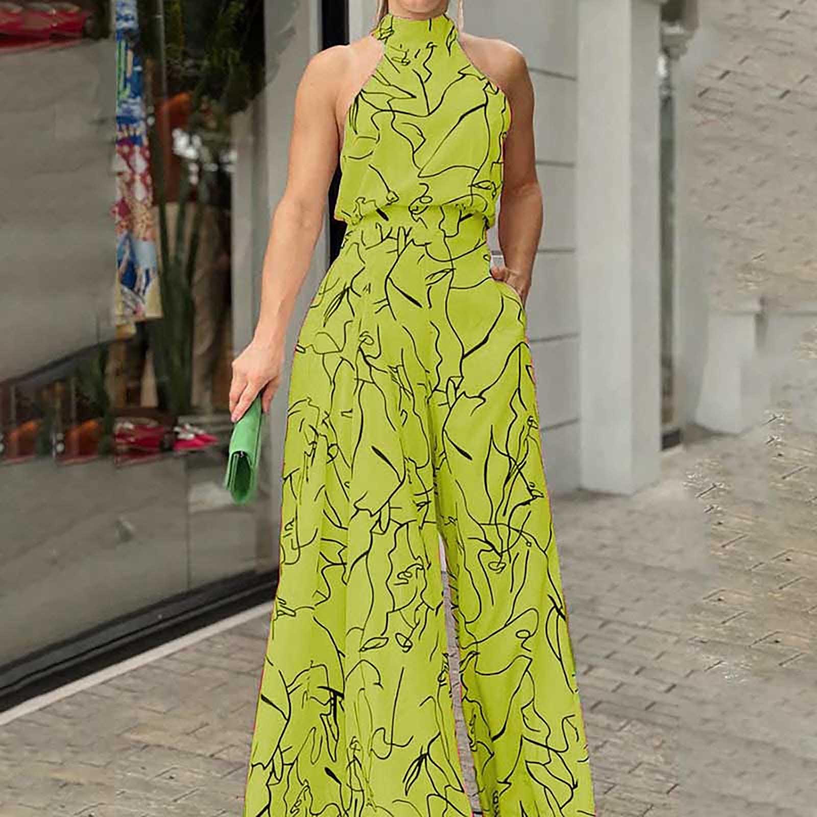 

Женский темпераментный элегантный комбинезон без рукавов с завязками на талии и подвесным воротником с принтом XL жёлтый