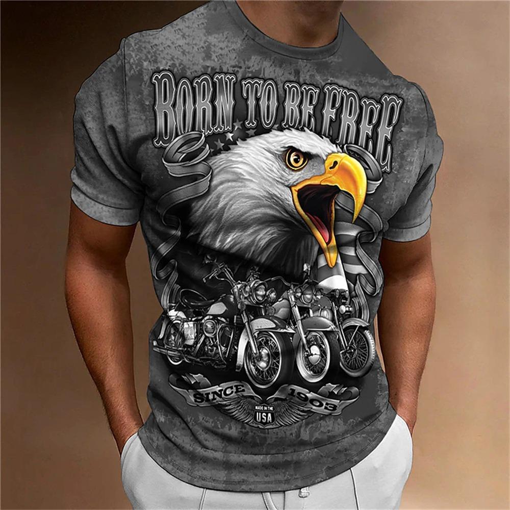 Men's Animal Pattern T-Shirt, Eagle, Motorcycle, 3D Print, Vintage Trendy Loose Large Size Casual Street Short Sleeve Top