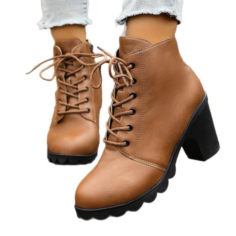 New European Style Combat Boots European Style Women's Large Size Thick Heel Short Boots