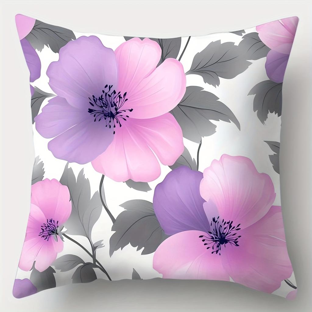 4Pcs Set, Sofa Pillow Case, Pink And Purple Floral Print Pillow Case, 45X45Cm Single-Sided Print, Home Decoration