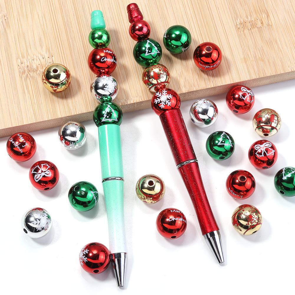 10pcs 16mm UV Print Xmas Acrylic Beads Christmas Beads Christmas Tree Snowflake Bell Beads For Jewelry Making Decoration Beads