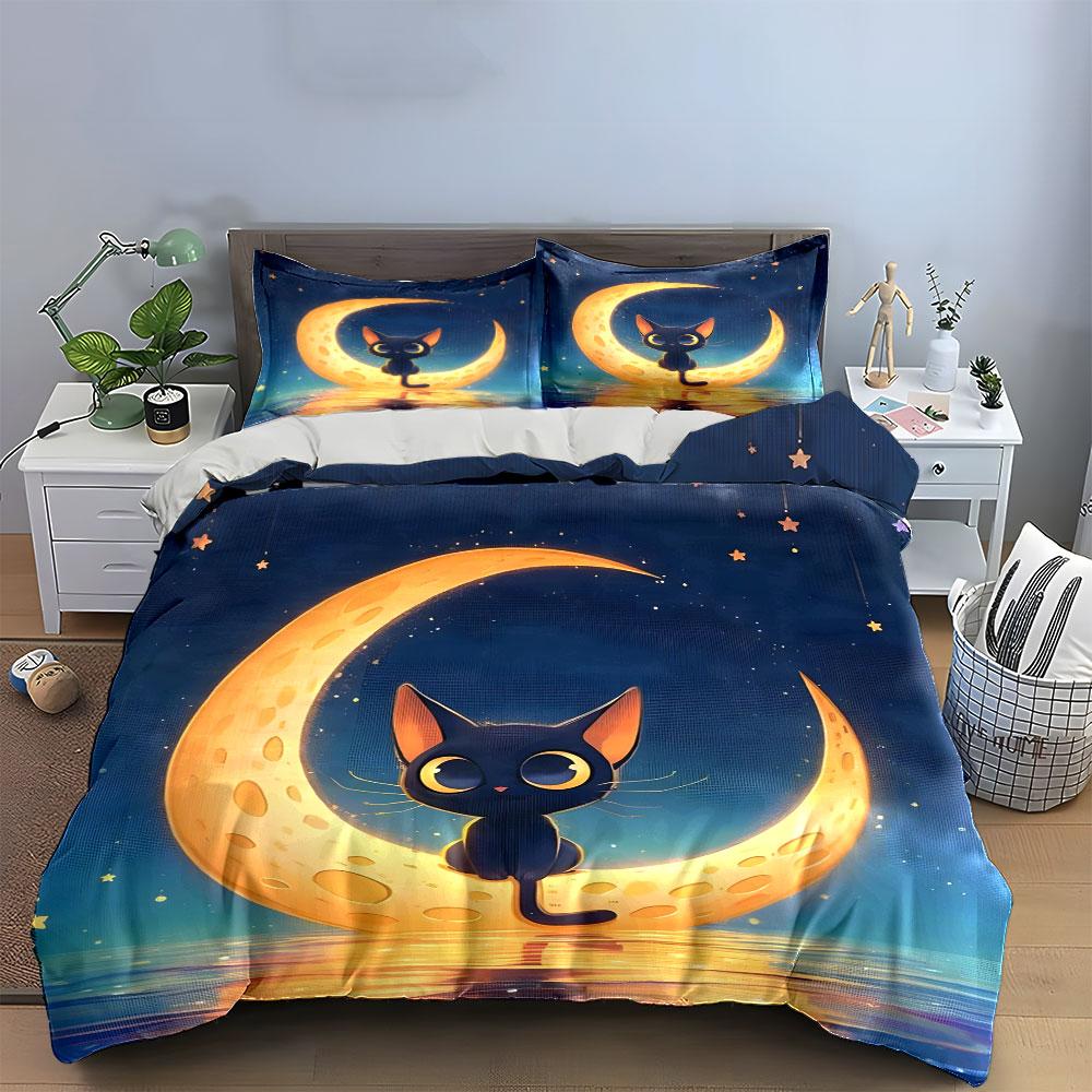 Cute Cat Moonlight Decor Multiple Sizes Kid'S And Adults' Bedroom Exquisite 3Pc Bedding Set, Gift