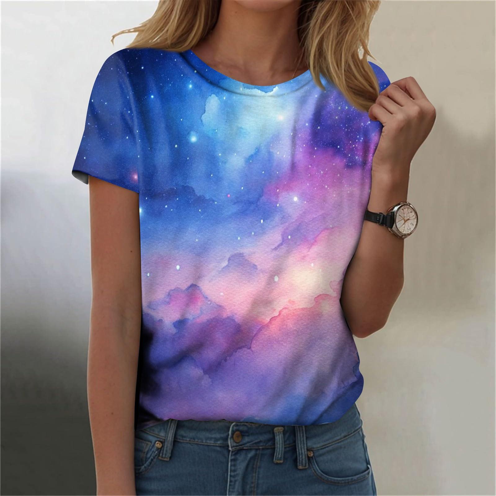 

Женская мода повседневная футболка с круглым вырезом и короткими рукавами с принтом неба XXXL синий