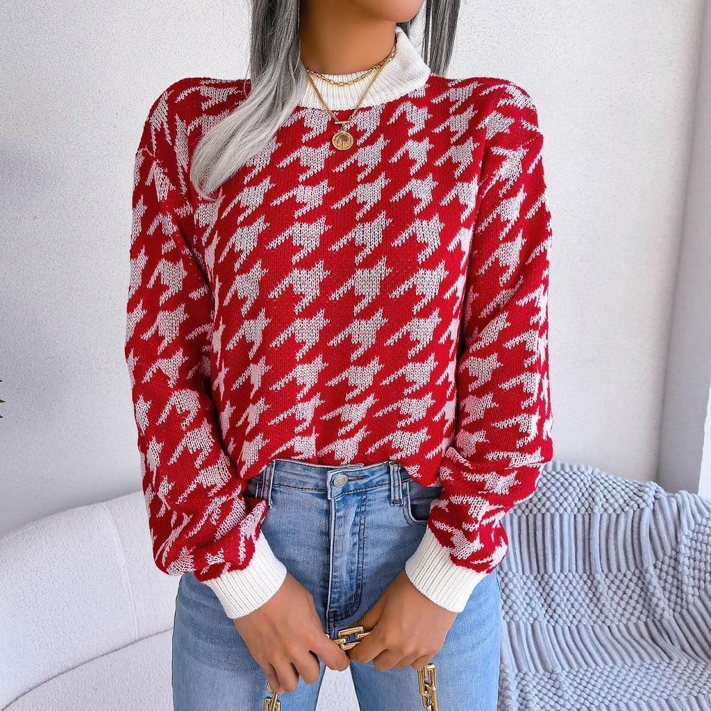 Women's Autumn/winter Fashion Casual Plaid Long Sleeve Turtleneck Pullover Knit Sweater