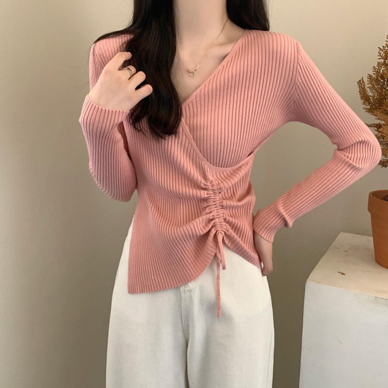 

Drawstring knitted sweater women s new slim-fit design top long-sleeved thin sweater with bottoming shirt inside one size fits all розовый