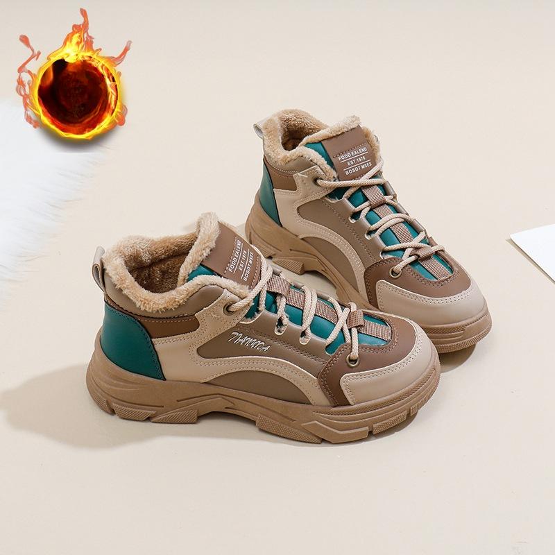 Vintersnestøvler for kvinner Chunky plattform Snøring Fuskepelsfôr Korte ankelstøvletter Sko Dames Sklisikre Varme Fleeceforede Gåsko