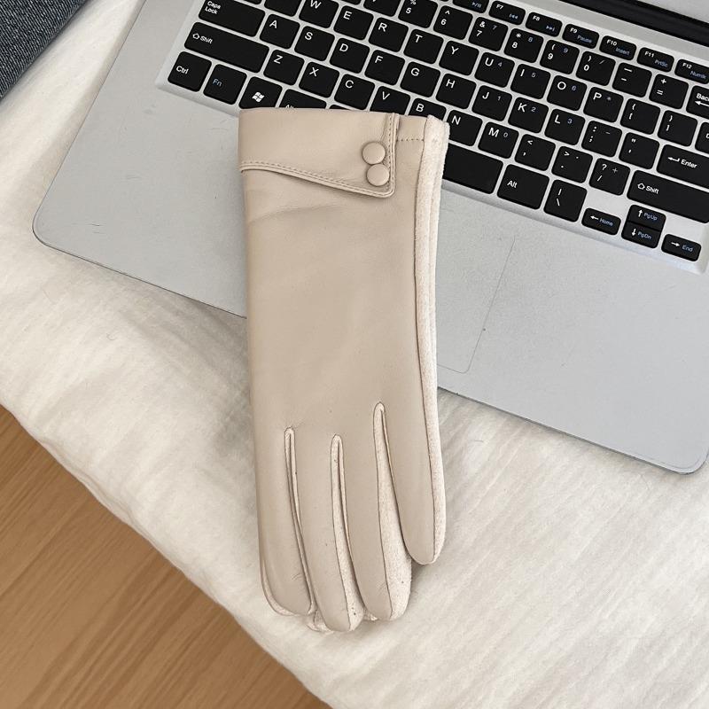 New leather gloves winter women's velvet thickened warm windproof cold outdoor riding driving five fingers