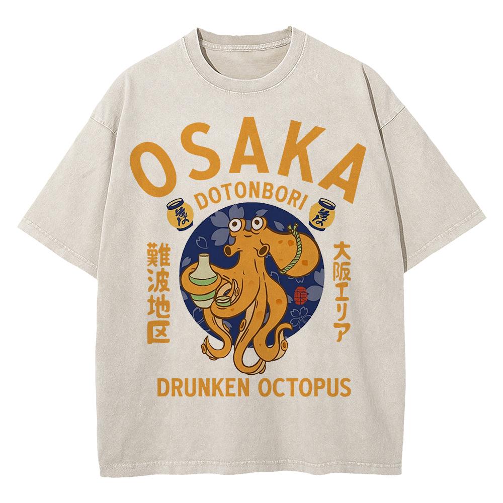 Cotton Vintage Washed Osaka Dotonbori Drunken Octopus T Shirt Hot Fashion Men Takoyaki Oversize Loose Acid Wash Tees Shirts