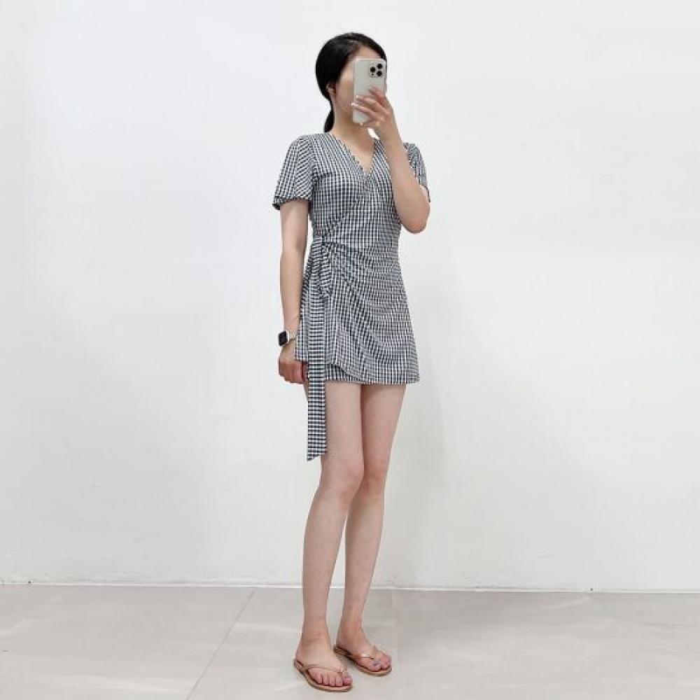 Mizqz V Neck Check Wrap Dress Swimsuit For Maternity