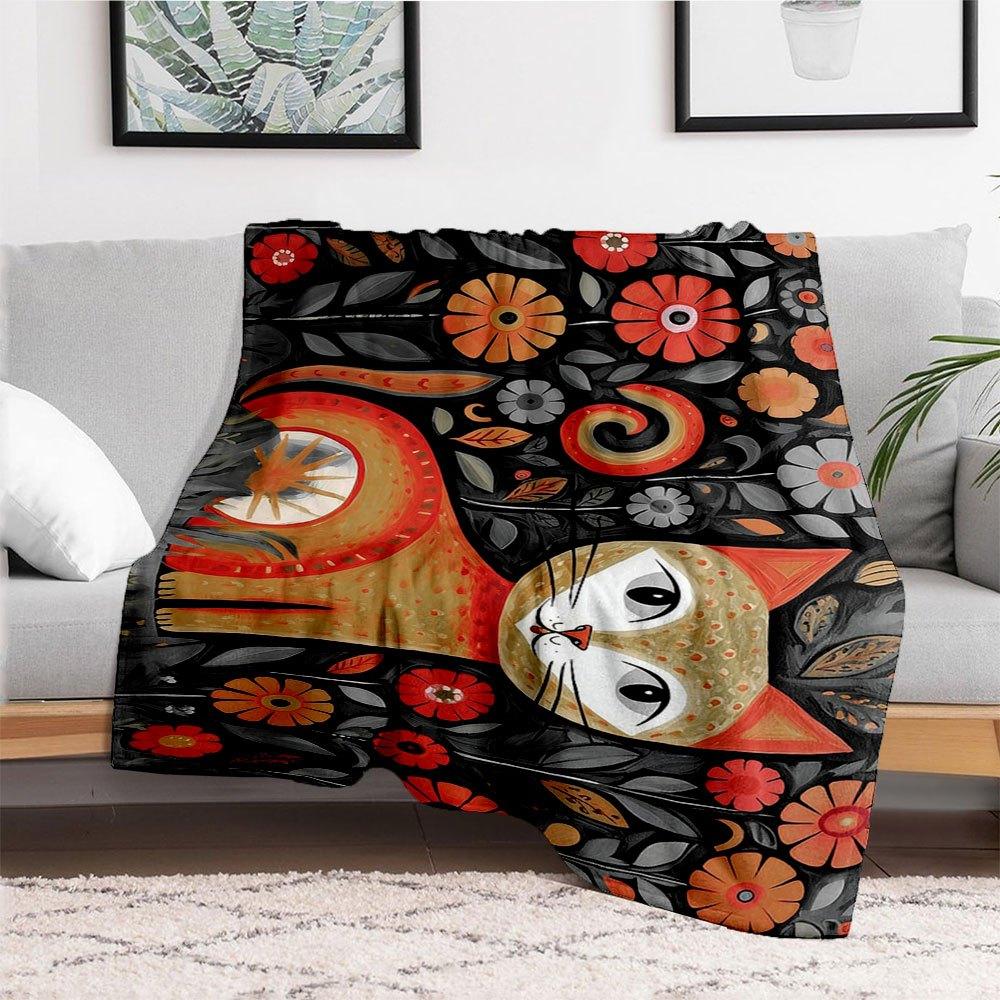 "Whimsical Floral Cat Wall Art Print - Vibrant Home Decor"Blanket Flannel Throw Blanket for Sofa, Bed, Travel, Camping, Office, Couch, Chair