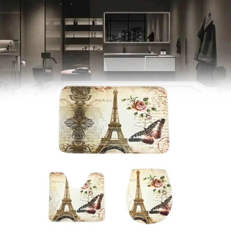 Butterfly Printed Tower Toilet Carpet Three Piece Set Anti Slip Mat Bathroom