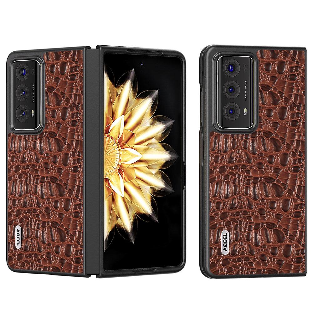 

ABEEL Canopy Texture Phone Case for Honor Magic V2 5G Genuine Cow Leather+PC Protective Cover Brown