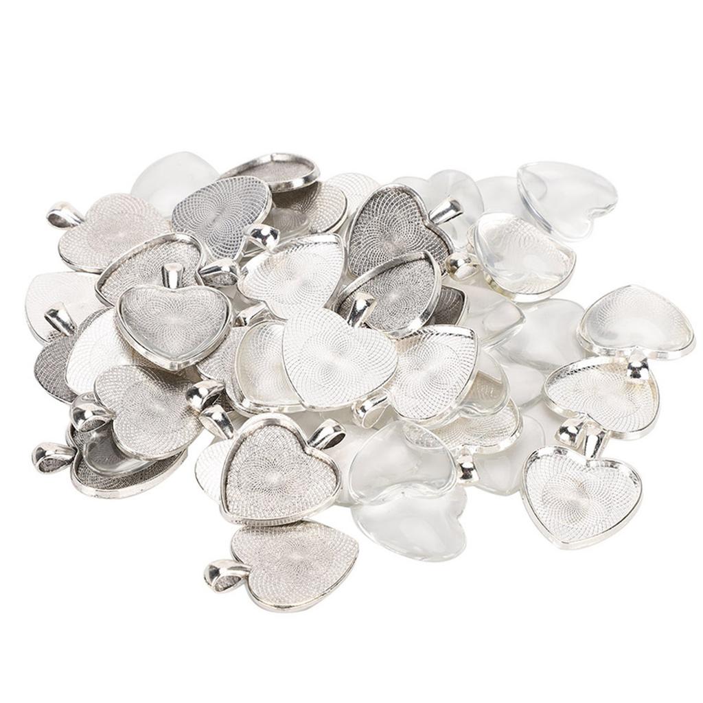 60pcs Pendant Trays Heart Shaped Pendant Setting Cabochon Base Setting with Glass Cabochon