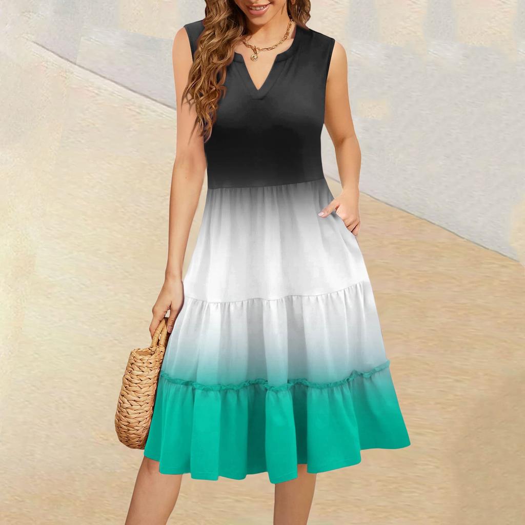 Women's Summer V-Neck Casual Pleated Ruffle Gradient Sleeveless Dresses