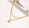 Layering Necklace for Women, Gold Plated Stainless Steel Green Zirconia Rectangle Pendant, Herringbone Chain Choker, Set 2Pcs