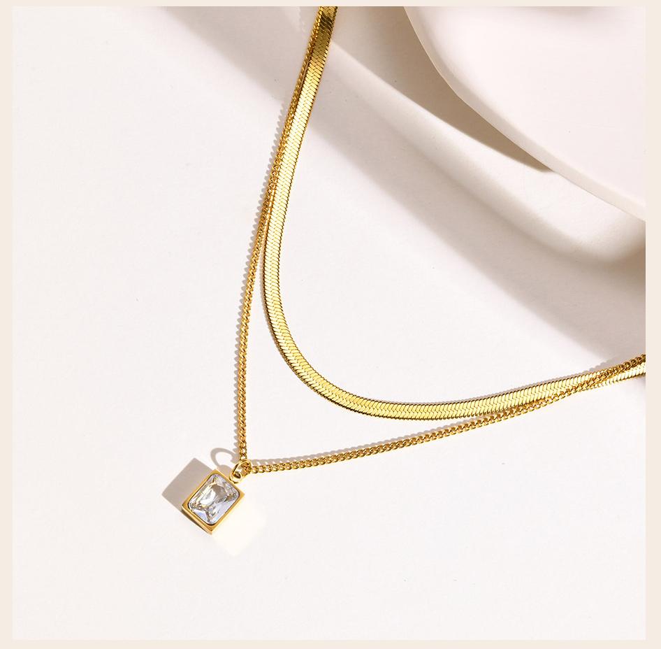 Layering Necklace for Women, Gold Plated Stainless Steel Green Zirconia Rectangle Pendant, Herringbone Chain Choker, Set 2Pcs